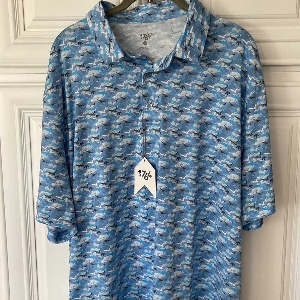 1764 Golf Polo birds clouds All Over Print Performance Mens XL - Picture 2 of 12